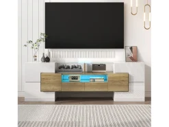 Móvel TV com 6 portas, 2 gavetas e 2 nichos, LED incluído, em laca branca brilhante e acabamento em madeira - 145x30x51cm