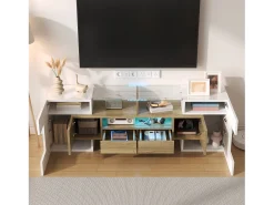 Móvel TV com 6 portas, 2 gavetas e 2 nichos, LED incluído, em laca branca brilhante e acabamento em madeira - 145x30x51cm