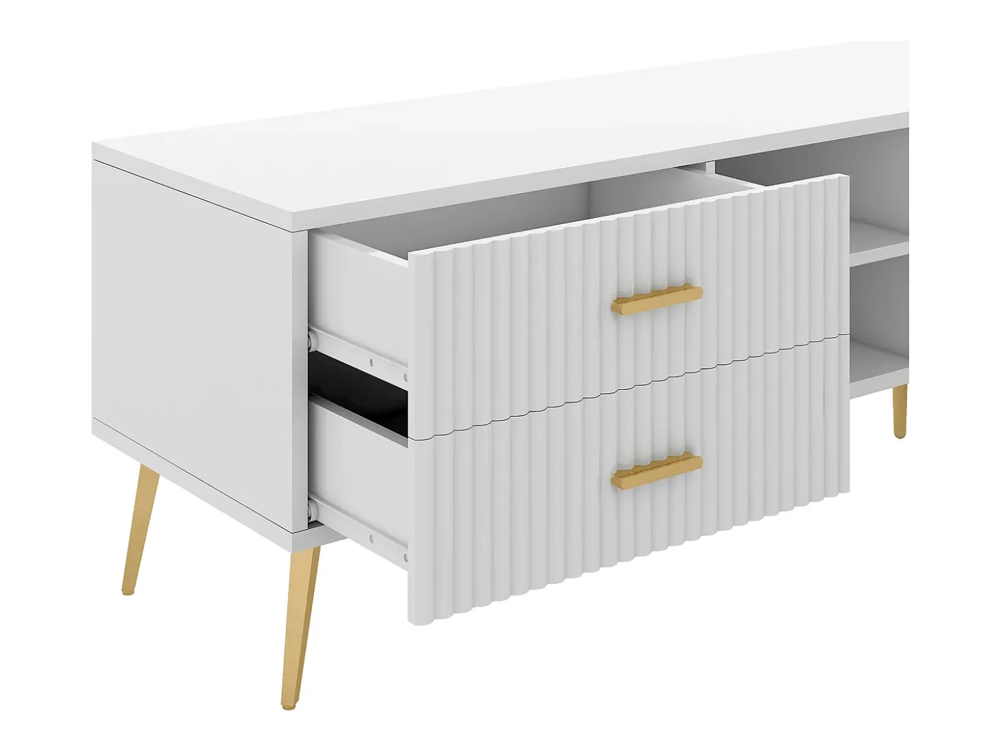Móvel TV com 2 portas, 2 gavetas e 2 nichos - MDF - pés metálicos - branco