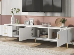 Móvel TV com 2 portas, 2 gavetas e 2 nichos - MDF - pés metálicos - branco