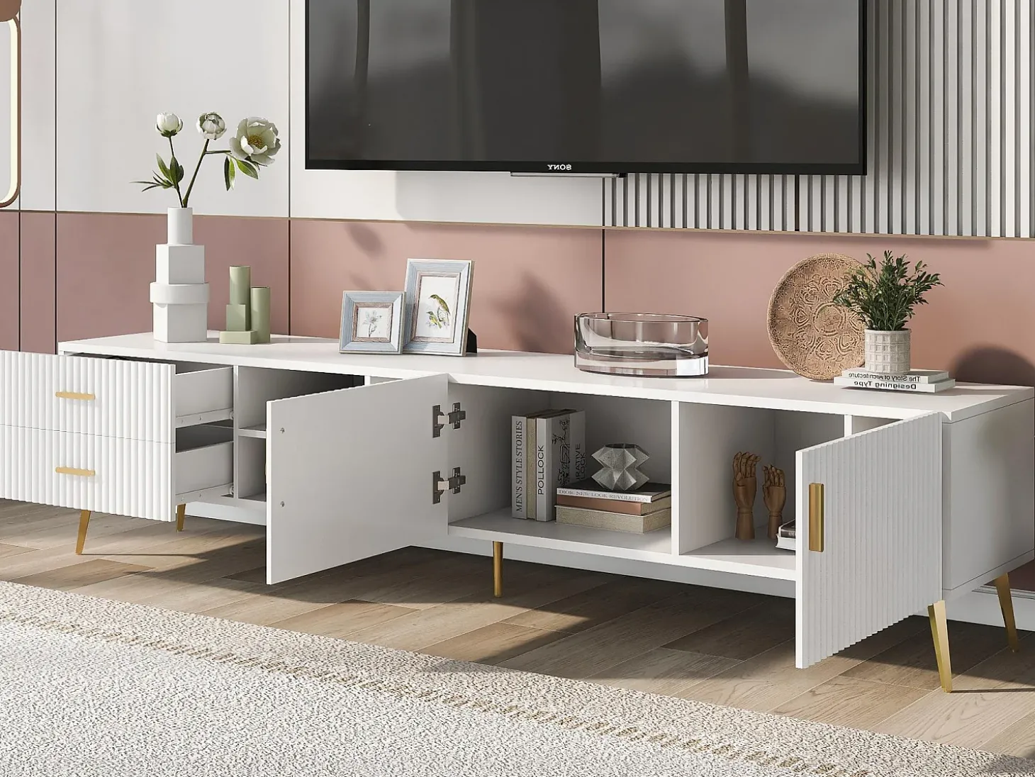 Móvel TV com 2 portas, 2 gavetas e 2 nichos - MDF - pés metálicos - branco