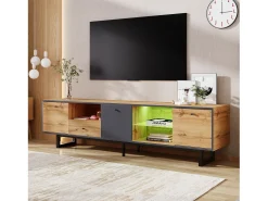 Móvel TV com 3 portas, 1 gaveta e 3 nichos - LEDs - Aglomerado e pés metálicos - Carvalho
