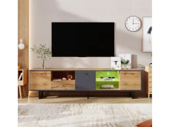 Móvel TV com 3 portas, 1 gaveta e 3 nichos - LEDs - Aglomerado e pés metálicos - Carvalho
