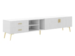 Móvel TV com 2 portas, 2 gavetas e 3 nichos, corpo branco, pés de metal dourado