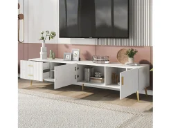 Móvel TV com 2 portas, 2 gavetas e 3 nichos, corpo branco, pés de metal dourado