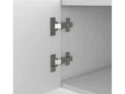 Móvel TV com 2 portas, 2 gavetas e 3 nichos, corpo branco, pés de metal dourado