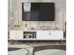 Móvel TV com 2 portas, 2 gavetas e 3 nichos, corpo branco, pés de metal dourado