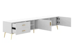 Móvel TV com 2 portas, 2 gavetas e 3 nichos, corpo branco, pés de metal dourado