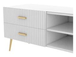 Móvel TV com 2 portas, 2 gavetas e 3 nichos, corpo branco, pés de metal dourado