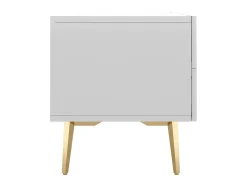 Móvel TV com 2 portas, 2 gavetas e 3 nichos, corpo branco, pés de metal dourado