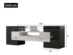 Móvel TV com 6 portas, 2 gavetas e 2 nichos, LED incluído, em laca brilhante preto e branco - 145x30x51cm