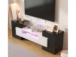 Móvel TV com 6 portas, 2 gavetas e 2 nichos, LED incluído, em laca brilhante preto e branco - 145x30x51cm