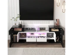 Móvel TV com 6 portas, 2 gavetas e 2 nichos, LED incluído, em laca brilhante preto e branco - 145x30x51cm