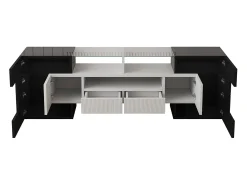 Móvel TV com 6 portas, 2 gavetas e 2 nichos, LED incluído, em laca brilhante preto e branco - 145x30x51cm