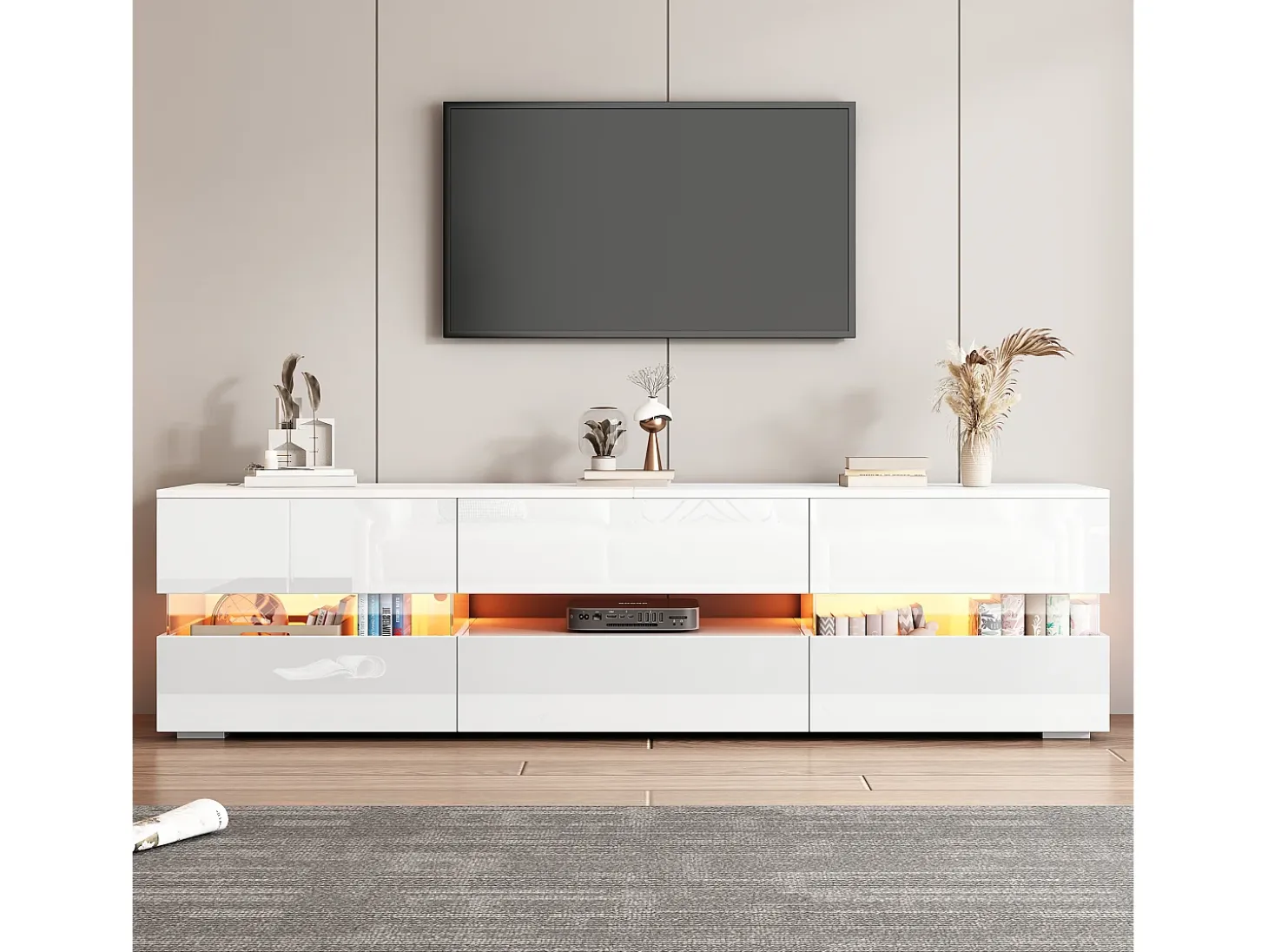 Móvel TV com 4 portas, 2 gavetas, compartimento aberto - 160 x 39 x 45 cm - Aglomerado - LEDs - Branco brilhante