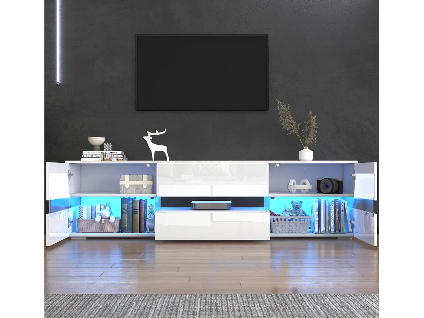 Móvel TV com 4 portas, 2 gavetas, compartimento aberto - 160 x 39 x 45 cm - Aglomerado - LEDs - Branco brilhante