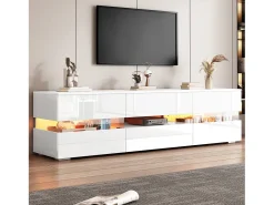 Móvel TV com 4 portas, 2 gavetas, compartimento aberto - 160 x 39 x 45 cm - Aglomerado - LEDs - Branco brilhante