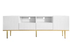 Móvel TV com 2 portas, 2 gavetas e 2 nichos, corpo ranhurado na cor branca com detalhes dourados - 165x36x55cm