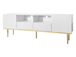 Móvel TV com 2 portas, 2 gavetas e 2 nichos, corpo ranhurado na cor branca com detalhes dourados - 165x36x55cm