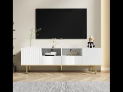 Móvel TV com 2 portas, 2 gavetas e 2 nichos, corpo ranhurado na cor branca com detalhes dourados - 165x36x55cm