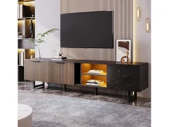 Móvel TV com 2 portas, 2 gavetas e 2 nichos - 200 x 38 x 50 cm - LEDs - Madeira MDF - Preto + madeira
