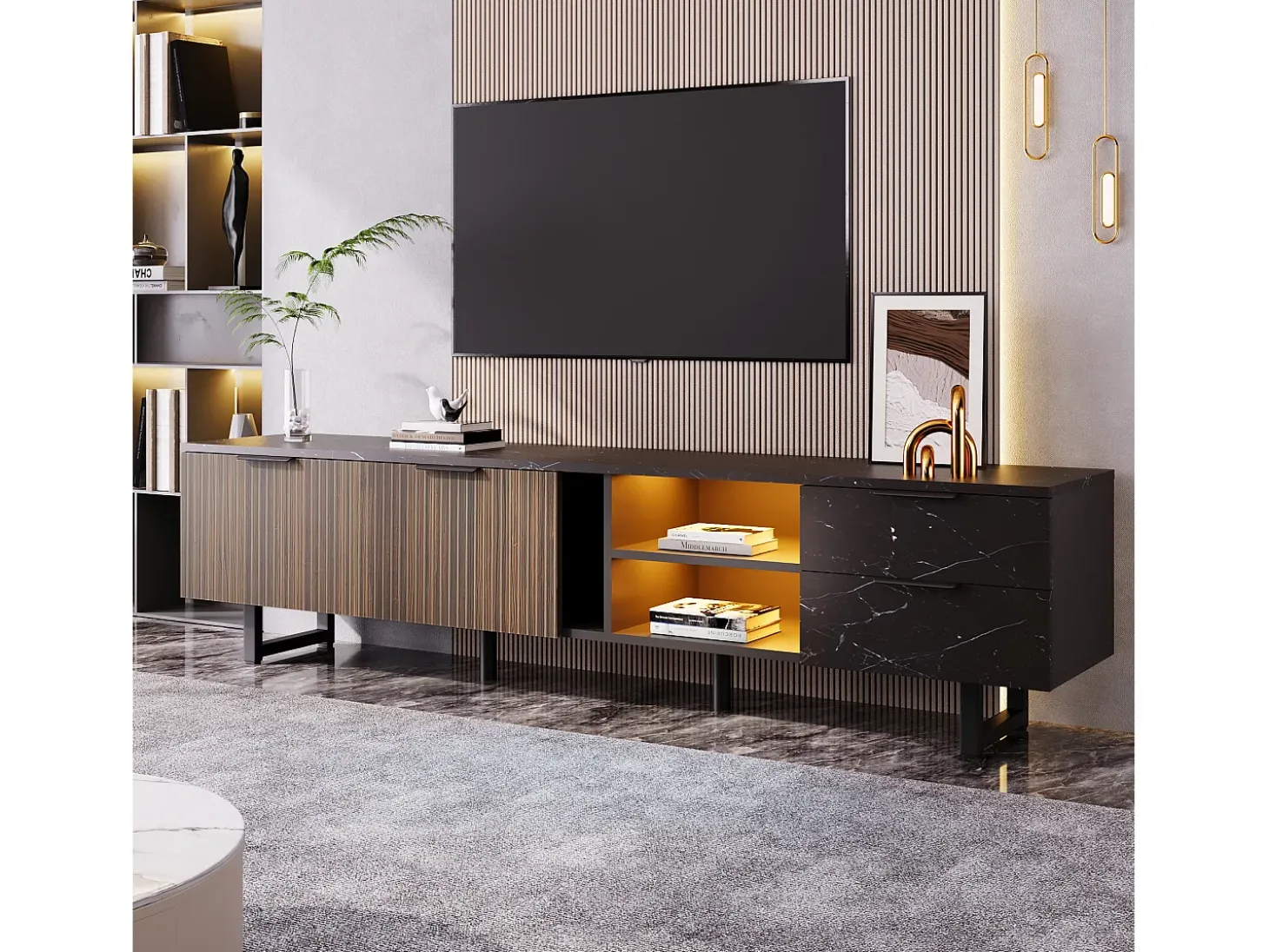 Móvel TV com 2 portas, 2 gavetas e 2 nichos - 200 x 38 x 50 cm - LEDs - Madeira MDF - Preto + madeira