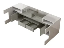 Móvel TV com 6 portas, 2 gavetas e 2 nichos, LED incluído, em laca branca brilhante e acabamento concreto cinza - 145x30x51cm