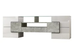 Móvel TV com 6 portas, 2 gavetas e 2 nichos, LED incluído, em laca branca brilhante e acabamento concreto cinza - 145x30x51cm