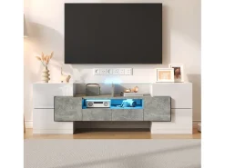 Móvel TV com 6 portas, 2 gavetas e 2 nichos, LED incluído, em laca branca brilhante e acabamento concreto cinza - 145x30x51cm