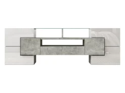 Móvel TV com 6 portas, 2 gavetas e 2 nichos, LED incluído, em laca branca brilhante e acabamento concreto cinza - 145x30x51cm