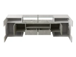 Móvel TV com 6 portas, 2 gavetas e 2 nichos, LED incluído, em laca branca brilhante e acabamento concreto cinza - 145x30x51cm