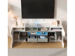 Móvel TV com 6 portas, 2 gavetas e 2 nichos, LED incluído, em laca branca brilhante e acabamento concreto cinza - 145x30x51cm