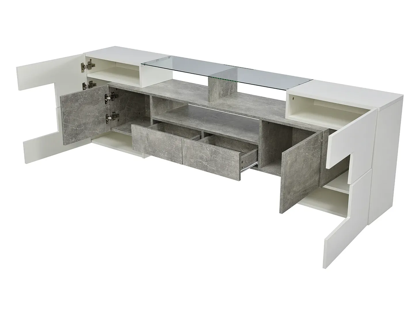 Móvel TV com 6 portas, 2 gavetas e 3 nichos com LED, lacado a branco e folheado a mármore cinza