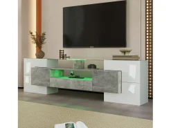 Móvel TV com 6 portas, 2 gavetas e 3 nichos com LED, lacado a branco e folheado a mármore cinza
