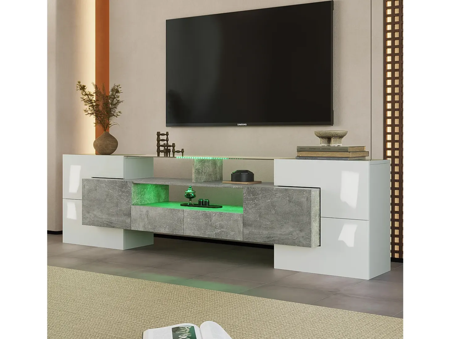 Móvel TV com 6 portas, 2 gavetas e 3 nichos com LED, lacado a branco e folheado a mármore cinza