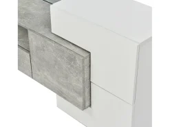 Móvel TV com 6 portas, 2 gavetas e 3 nichos com LED, lacado a branco e folheado a mármore cinza