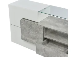 Móvel TV com 6 portas, 2 gavetas e 3 nichos com LED, lacado a branco e folheado a mármore cinza
