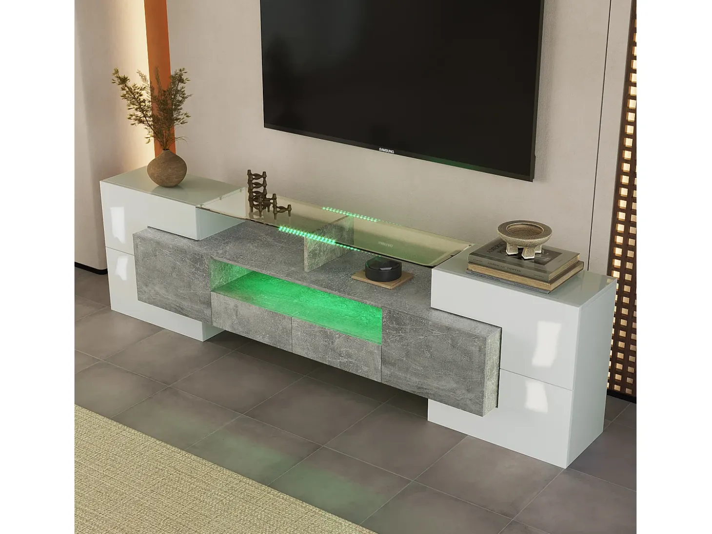 Móvel TV com 6 portas, 2 gavetas e 3 nichos com LED, lacado a branco e folheado a mármore cinza