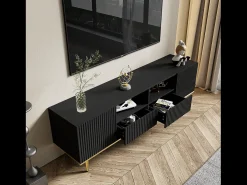 Móvel TV com 2 portas, 2 gavetas e 2 nichos - 165x36x55cm - Aglomerado e pés dourados - Preto