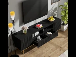 Móvel TV com 2 portas, 2 gavetas e 2 nichos - 165x36x55cm - Aglomerado e pés dourados - Preto