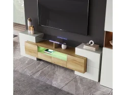 Móvel TV com 6 portas, 2 gavetas e 3 nichos com LED, branco brilhante e luz natural