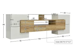 Móvel TV com 6 portas, 2 gavetas e 3 nichos com LED, branco brilhante e luz natural