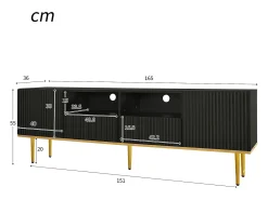 Móvel TV com 2 portas, 2 gavetas e 2 nichos, corpo ranhurado na cor preta com detalhes dourados - 165x36x55cm