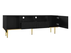Móvel TV com 2 portas, 2 gavetas e 2 nichos, corpo ranhurado na cor preta com detalhes dourados - 165x36x55cm
