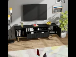 Móvel TV com 2 portas, 2 gavetas e 2 nichos, corpo ranhurado na cor preta com detalhes dourados - 165x36x55cm