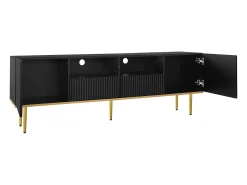 Móvel TV com 2 portas, 2 gavetas e 2 nichos, corpo ranhurado na cor preta com detalhes dourados - 165x36x55cm