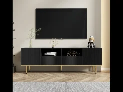 Móvel TV com 2 portas, 2 gavetas e 2 nichos, corpo ranhurado na cor preta com detalhes dourados - 165x36x55cm