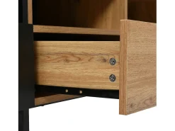 Móvel TV com 2 portas, 2 gavetas e 2 nichos, em preto e folheado de madeira natural
