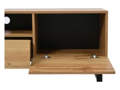 Móvel TV com 2 portas, 2 gavetas e 2 nichos, em preto e folheado de madeira natural
