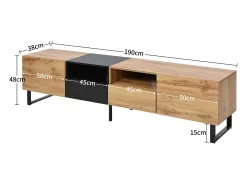 Móvel TV com 2 portas, 2 gavetas e 2 nichos, em preto e folheado de madeira natural